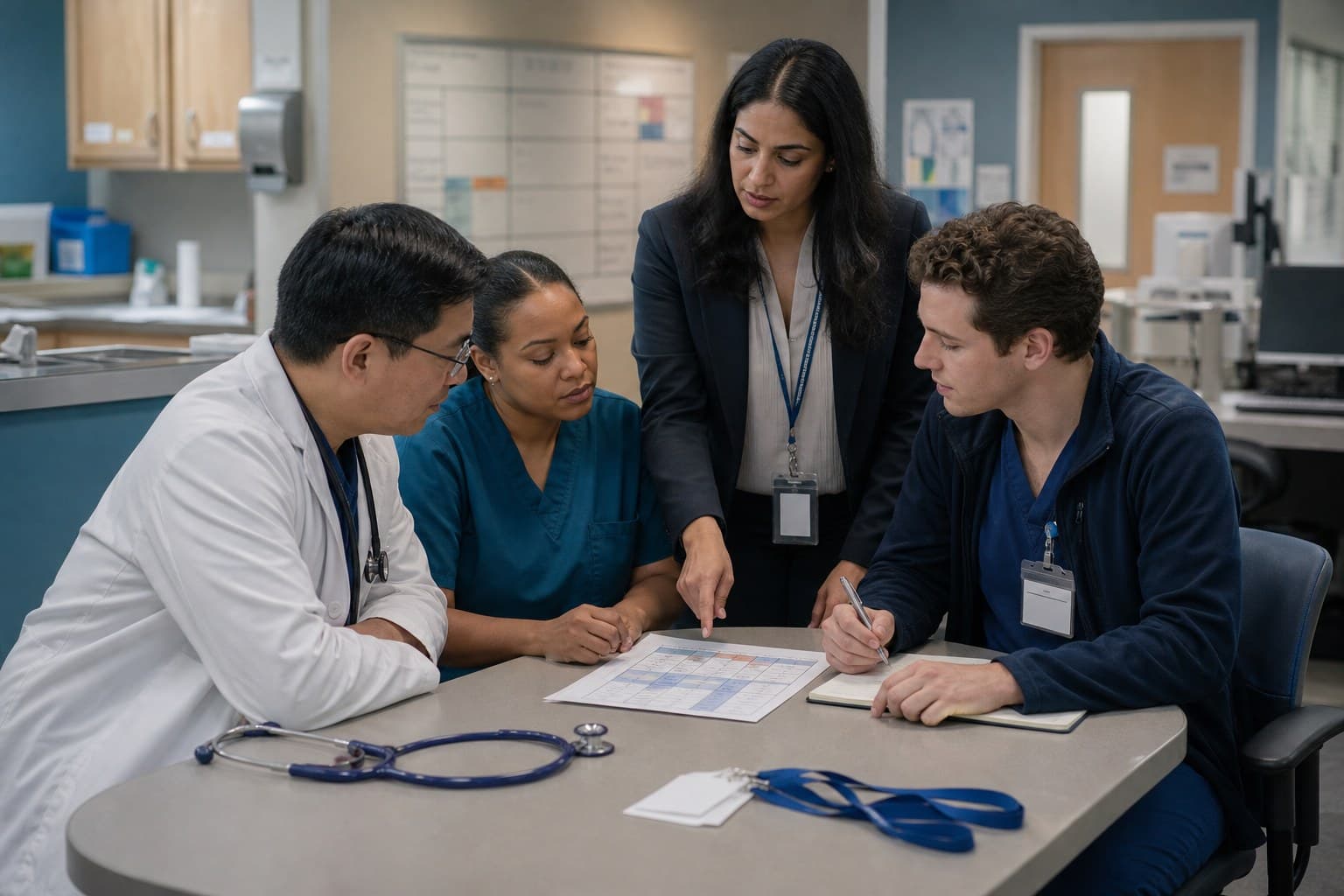 A physician, nurse, clinic manager, and medical student reviewing a clinic hosting plan together