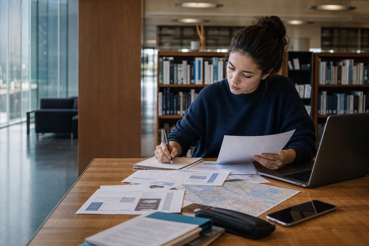 A pre-med student organizing clinic research and outreach notes in a health-sciences library
