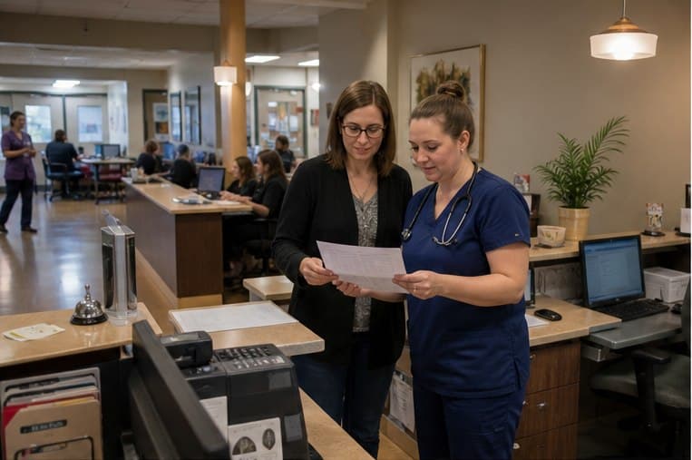 A clinic manager and nurse reviewing a hosting document at an active front desk