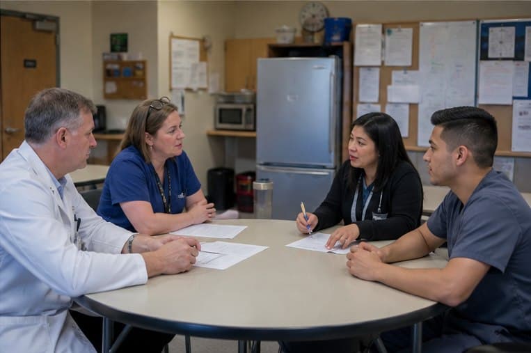 A physician, nurse, coordinator, and medical assistant discussing capacity around a clinic table