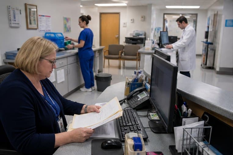 A clinic manager reviewing a hosting guide at an outpatient front desk