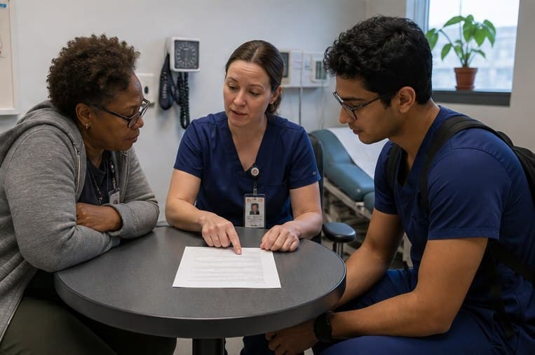 A volunteer, nurse coordinator, and medical student reviewing an introduction guide at a clinic table