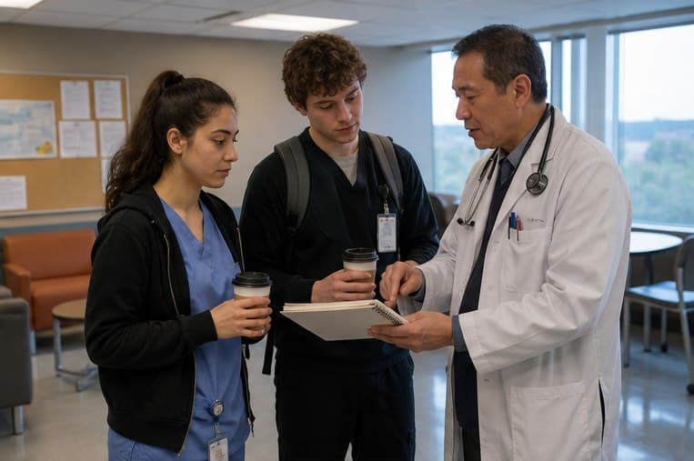 A physician and two medical students comparing a preparation guide in a hospital staff room
