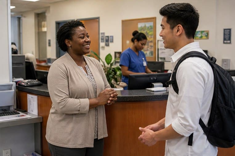 A medical student speaking with a clinic manager at a community health center front desk