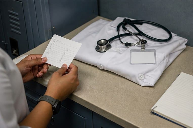 A short white coat, stethoscope, badge, and arrival card prepared at a clinic locker