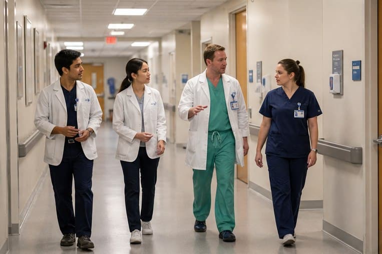 A physician and nurse walking through a hospital corridor with two medical students