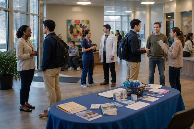 Volunteers, clinicians, and medical students in small conversation groups inside a clinic lobby
