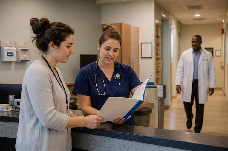 A community volunteer and nurse coordinator reviewing an introduction folder at a clinic front desk