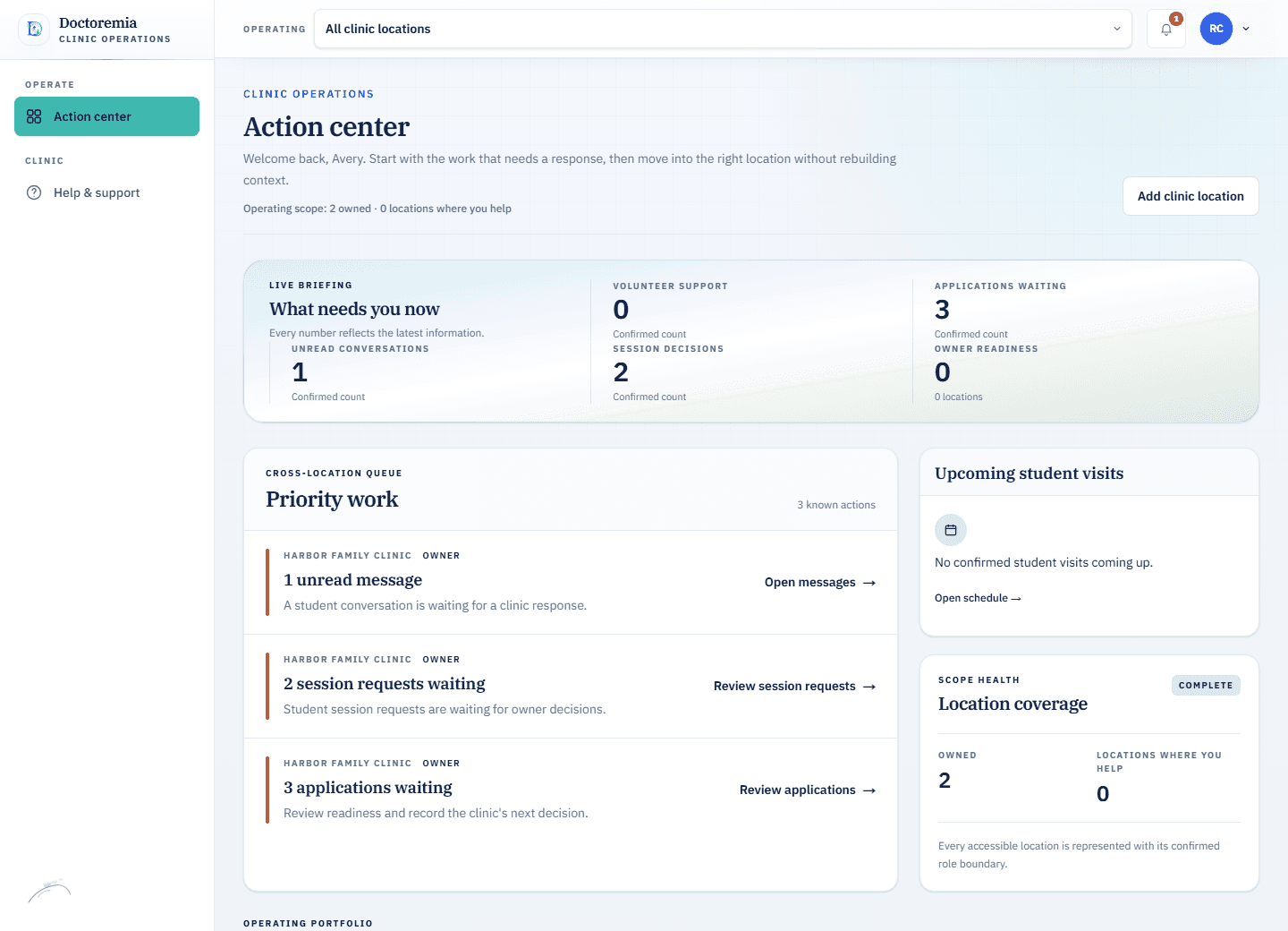 Clinic workspace with requests, applications, location information, and fictional sample data.