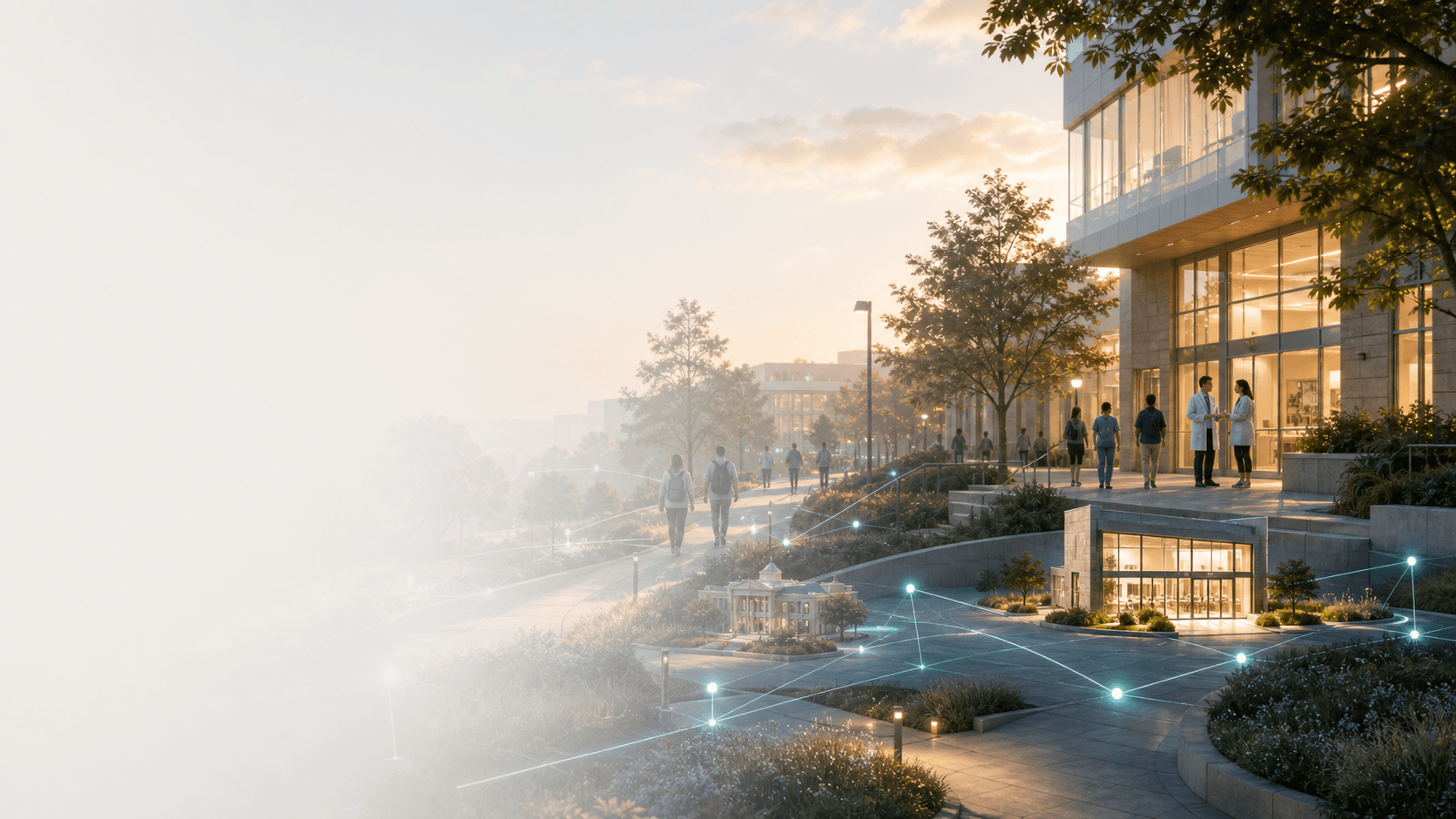 A bright medical campus connected to local clinics through a blue-green community network.