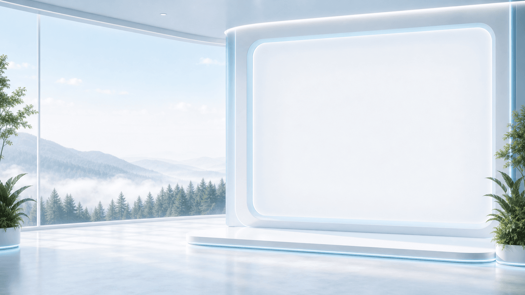 A luminous blue-green room opening onto forested mountains, framing the Doctoremia journey.